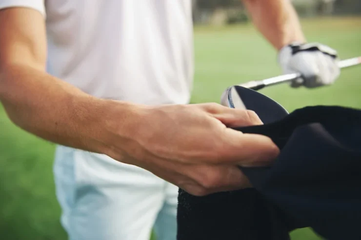 man cleaning golf club